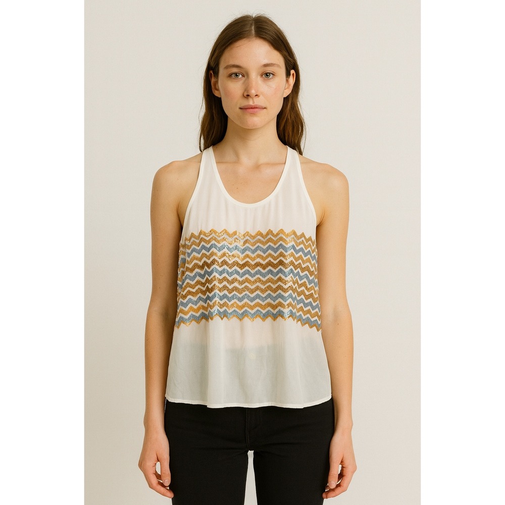 Anthropologie Greylin Sequin Chevron White Racerback Tank Top Women's XS Boho